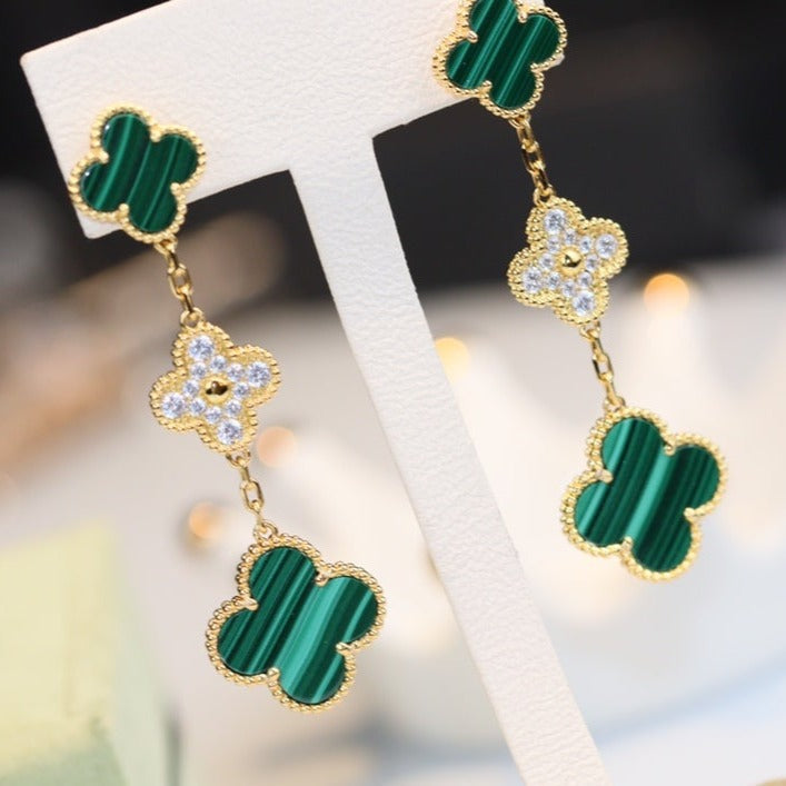 [LUXE]CLOVER EARRINGS GOLD MALACHITE DIAMOND 3 MOTIF