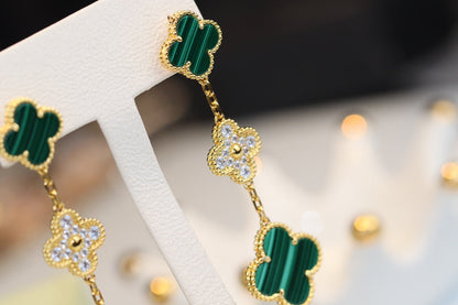 [LUXE]CLOVER EARRINGS GOLD MALACHITE DIAMOND 3 MOTIF