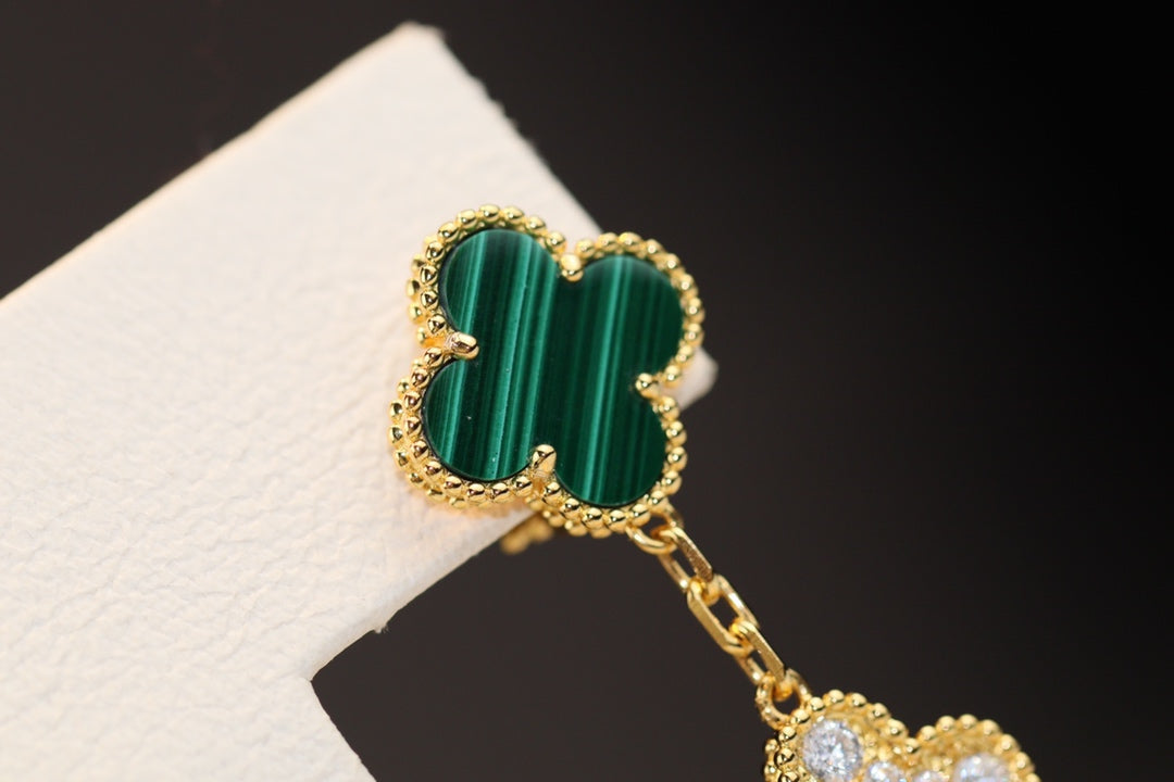 [LUXE]CLOVER EARRINGS GOLD MALACHITE DIAMOND 3 MOTIF
