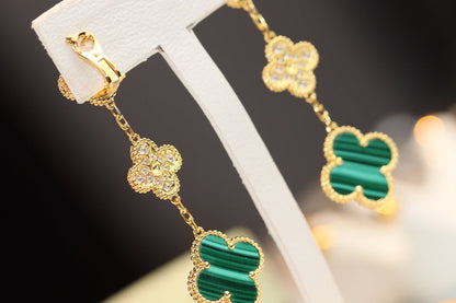 [LUXE]CLOVER EARRINGS GOLD MALACHITE DIAMOND 3 MOTIF