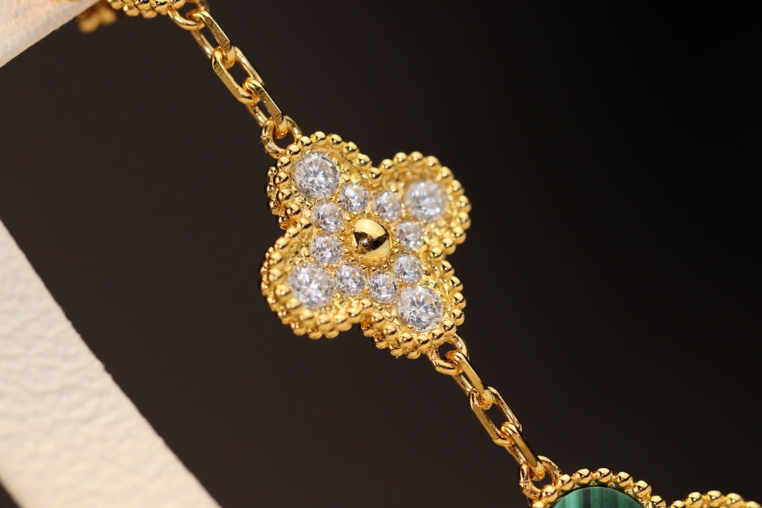 [LUXE]CLOVER EARRINGS GOLD MALACHITE DIAMOND 3 MOTIF
