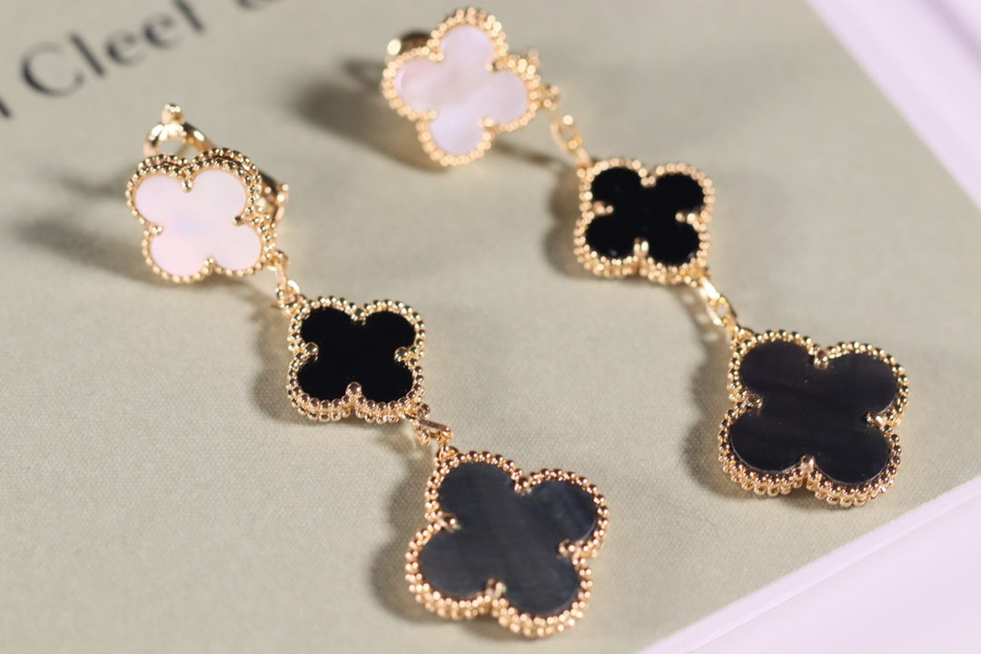 [LUXE]CLOVER EARRINGS GOLD ONYX MOP 3 MOTIF