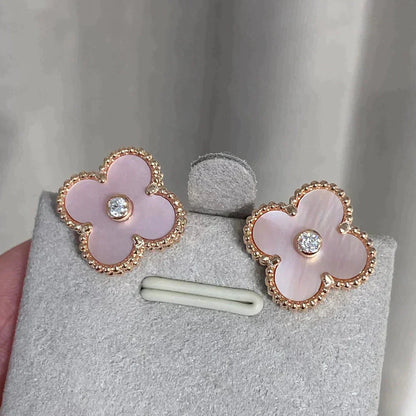 [LUXE]CLOVER MEDIUM 1 MOTIFS  PINK MOP DIAMOND EARRINGS