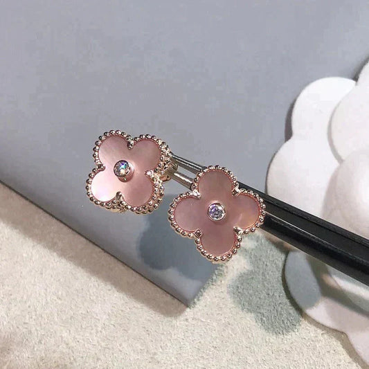[LUXE]CLOVER MEDIUM 1 MOTIFS  PINK MOP DIAMOND EARRINGS