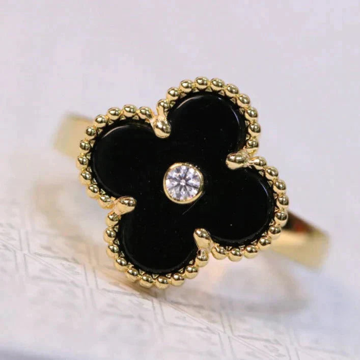 [LUXE]CLOVER ONYX RING GOLD DIAMOND