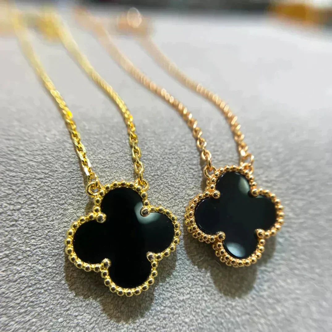 [LUXE]CLOVER 15MM BLACK ONYX SINGLE FLOWER NECKLACE