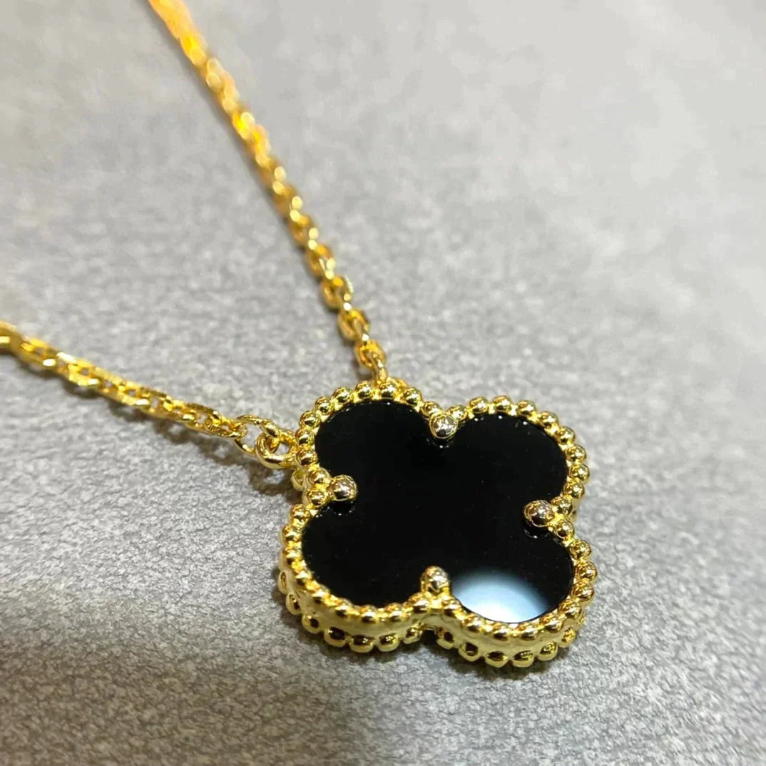 [LUXE]CLOVER 15MM BLACK ONYX SINGLE FLOWER NECKLACE