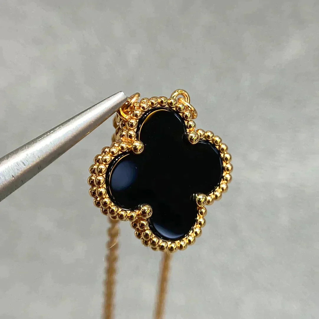 [LUXE]CLOVER 15MM BLACK ONYX SINGLE FLOWER NECKLACE