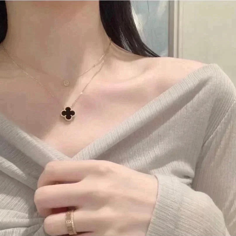 [LUXE]CLOVER 15MM BLACK ONYX SINGLE FLOWER NECKLACE