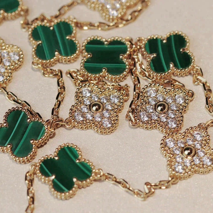 [LUXE]CLOVER 20 MOTIFS MALACHITE DIAMOND NECKLACE