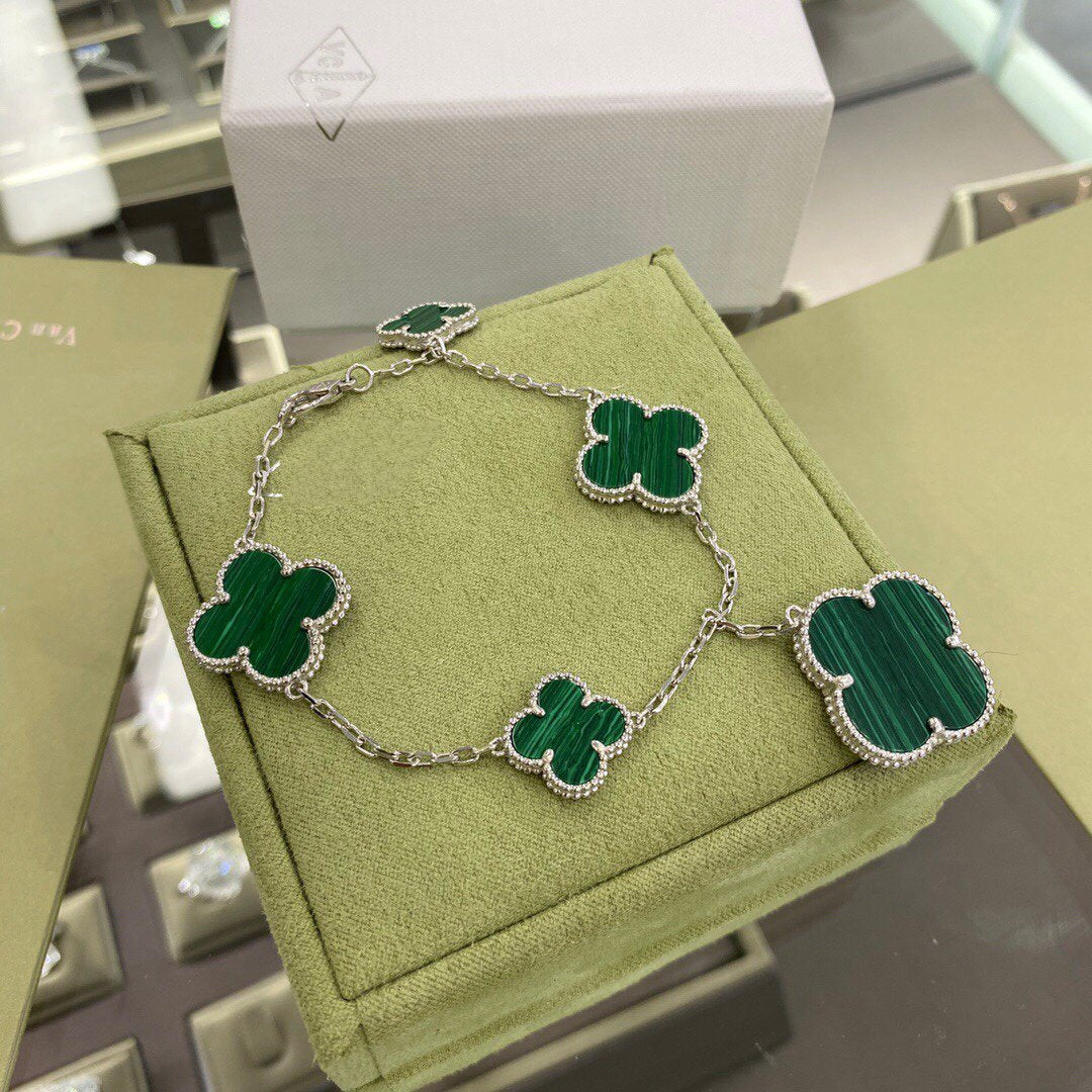 [LUXE]CLOVER 5 MOTIFS SIVLER MALACHITE BRACELET