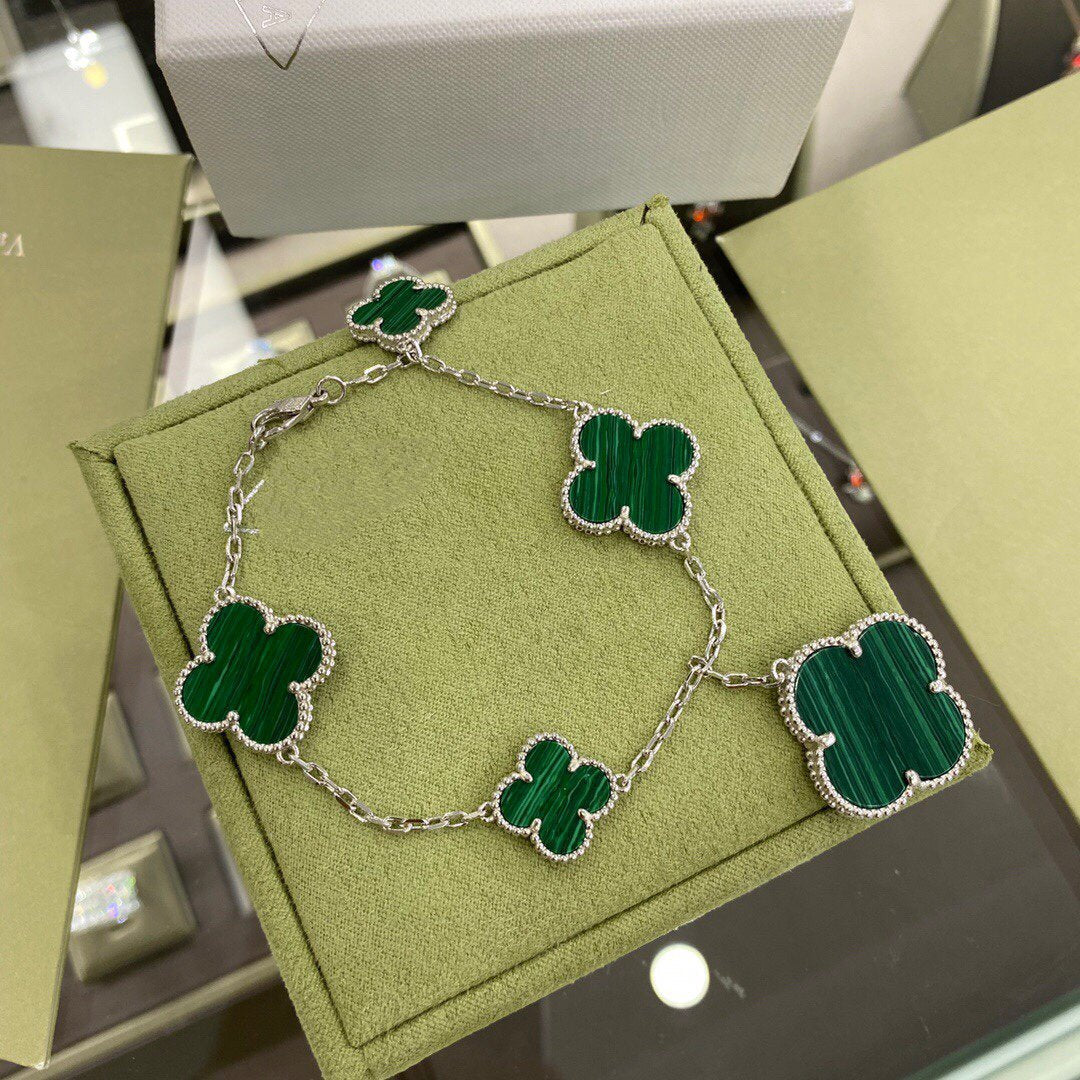 [LUXE]CLOVER 5 MOTIFS SIVLER MALACHITE BRACELET