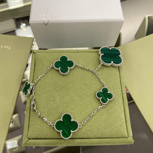 [LUXE]CLOVER 5 MOTIFS SIVLER MALACHITE BRACELET