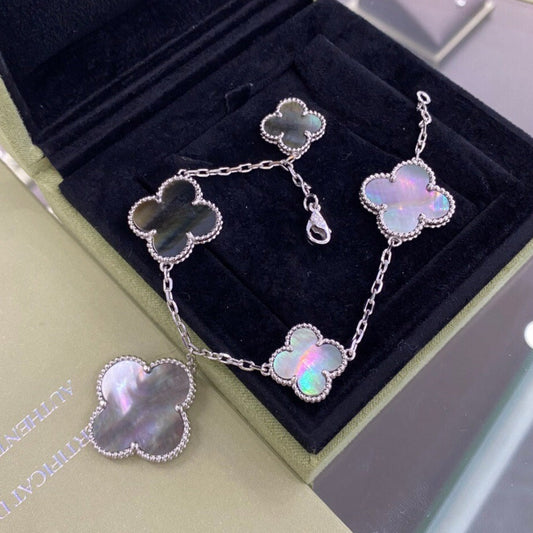 [LUXE]CLOVER 5 MOTIFS SIVLER DARK MOP BRACELET