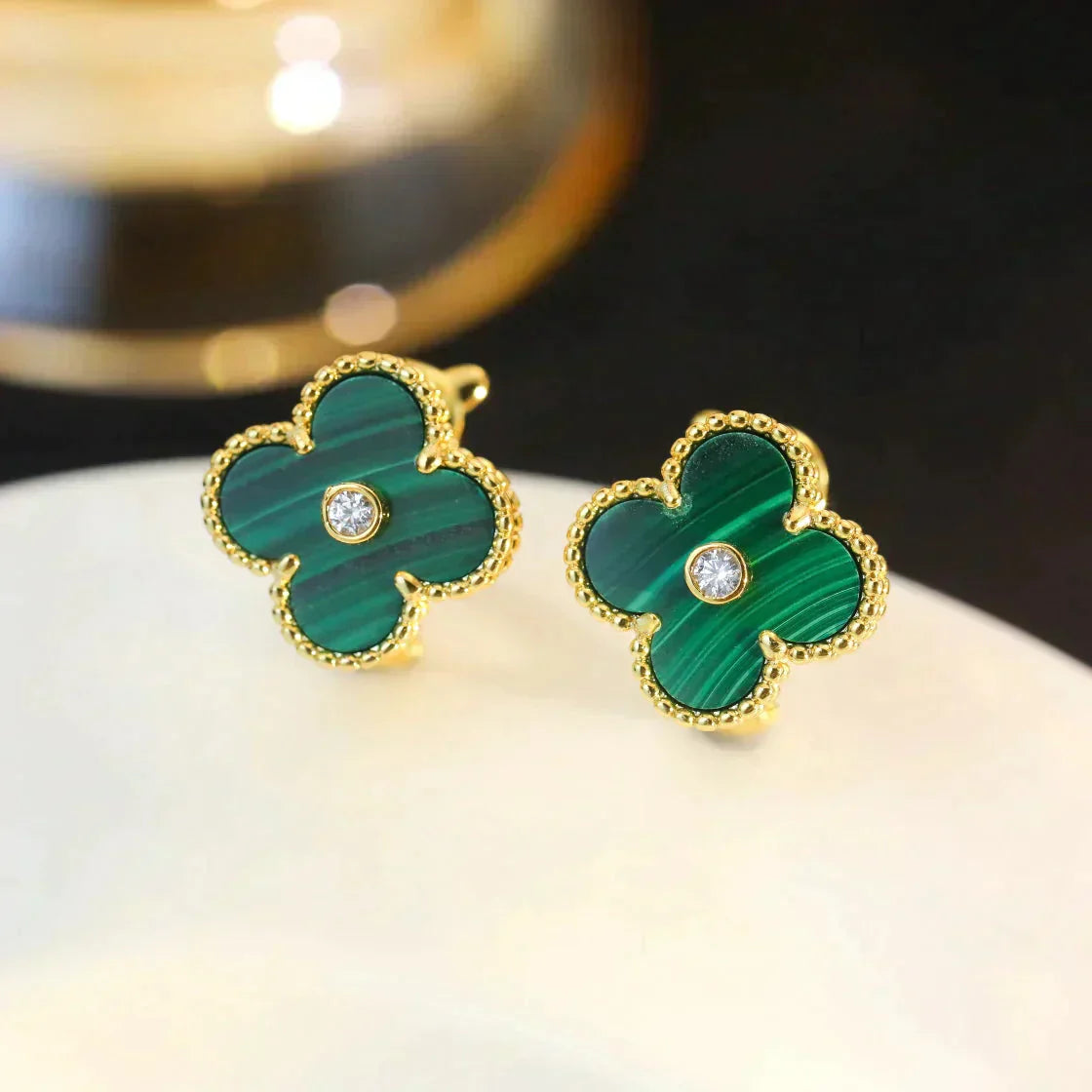 [LUXE]CLOVER MEDIUM 1 MOTIFS MALACHITE DIAMOND EARRINGS