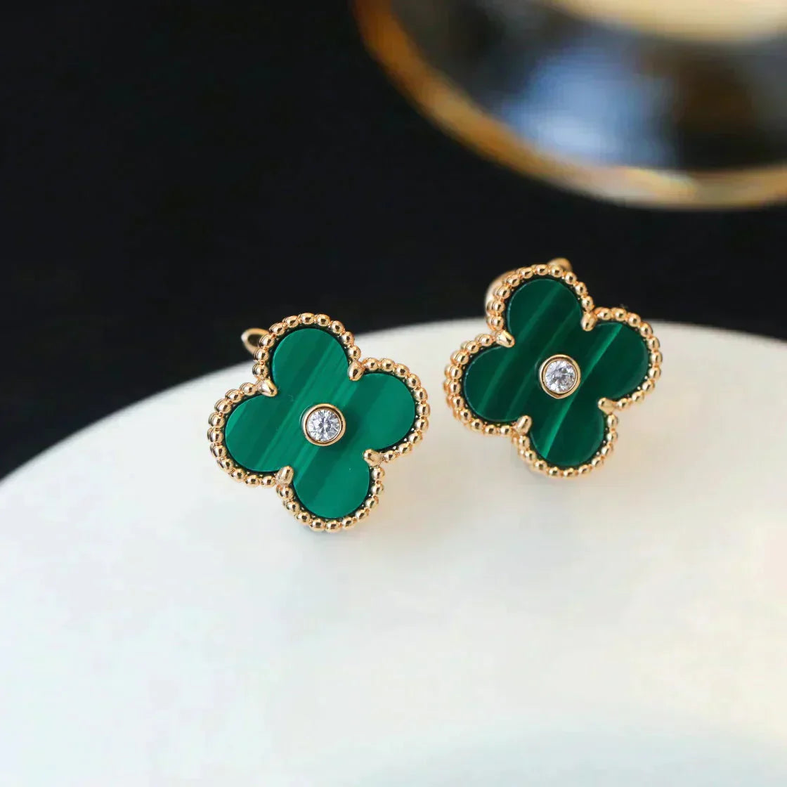 [LUXE]CLOVER MEDIUM 1 MOTIFS MALACHITE DIAMOND EARRINGS