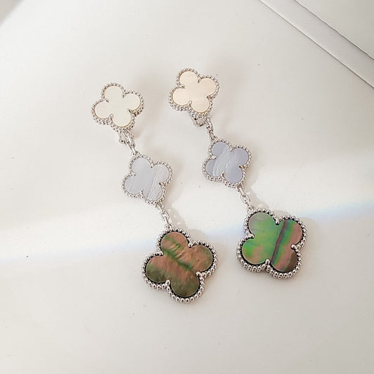 [LUXE]CLOVER 3 MOTIFS CHALCEDONY DARK MOP SILVER EARRINGS