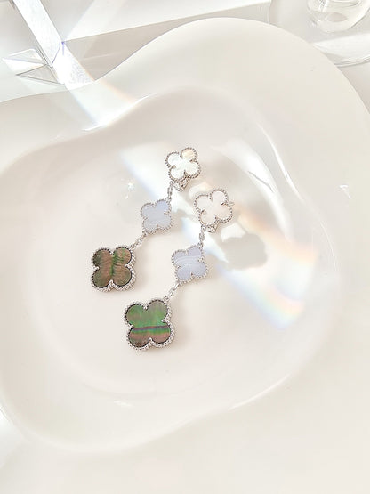 [LUXE]CLOVER 3 MOTIFS CHALCEDONY DARK MOP SILVER EARRINGS