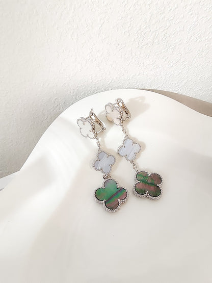 [LUXE]CLOVER 3 MOTIFS CHALCEDONY DARK MOP SILVER EARRINGS