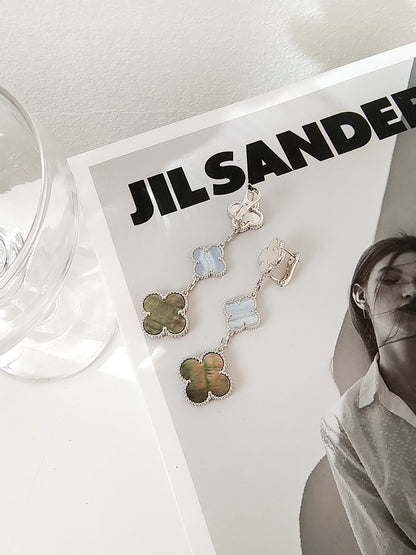 [LUXE]CLOVER 3 MOTIFS CHALCEDONY DARK MOP SILVER EARRINGS