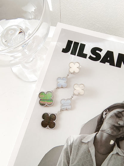 [LUXE]CLOVER 3 MOTIFS CHALCEDONY DARK MOP SILVER EARRINGS