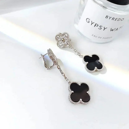 [LUXE]CLOVER 2 MOTIFS  DIAMOND ONYX EARRINGS SILVER