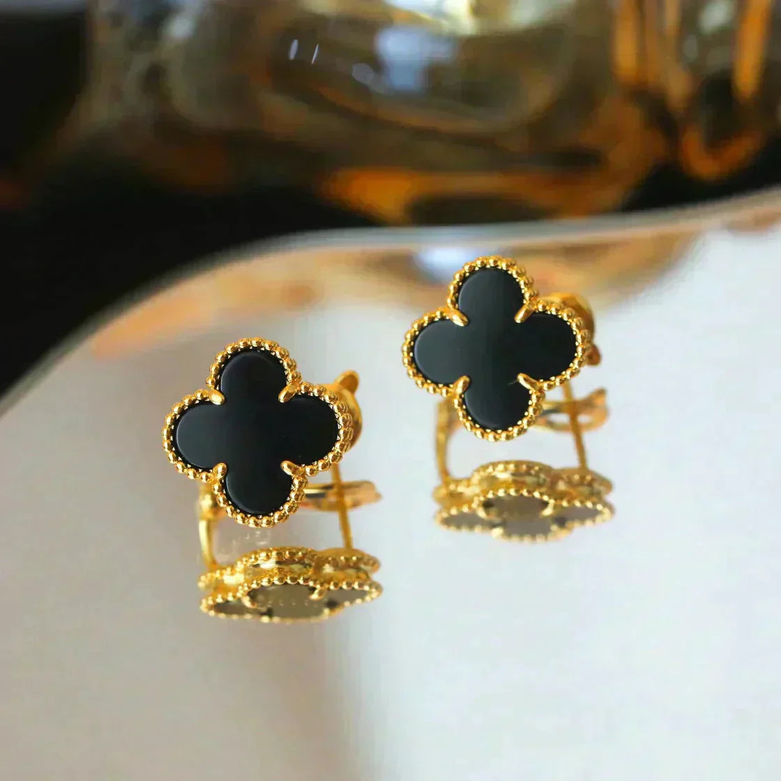 [LUXE]CLOVER MEDIUM 1 MOTIFS  ONYX STUD EARRINGS