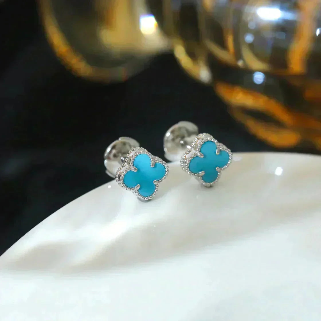 [LUXE]CLOVER MINI 9.5MM ONYX STUD EARRINGS SILVER