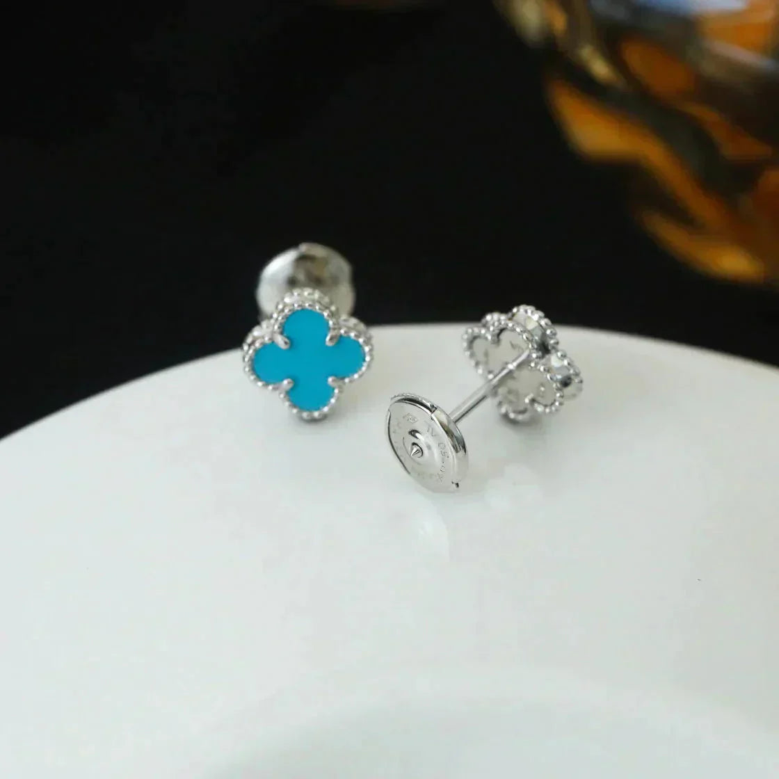 [LUXE]CLOVER MINI 9.5MM ONYX STUD EARRINGS SILVER