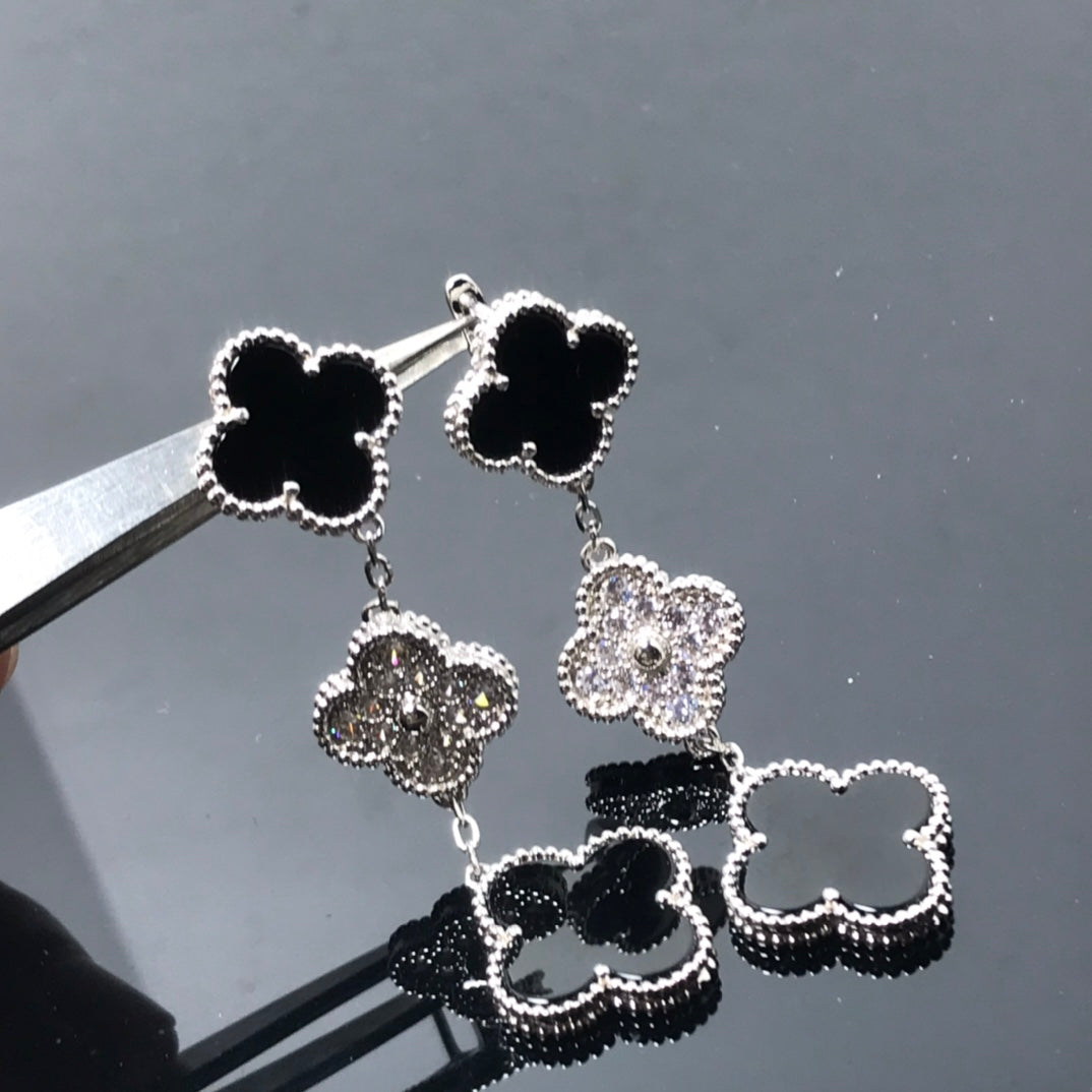 [LUXE]CLOVER 3 MOTIF DIAMOND ONYX SILVER EARRINGS