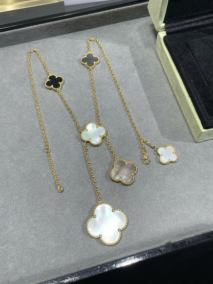 [LUXE]CLOVER 6 MOTIF MOP ONYX GOLD NECKLACE