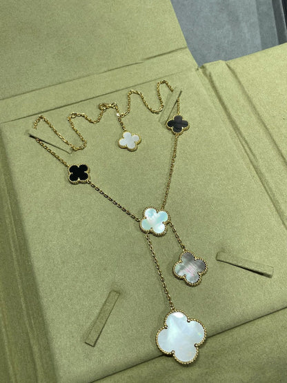 [LUXE]CLOVER 6 MOTIF MOP ONYX GOLD NECKLACE