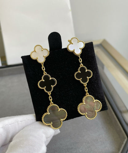 [LUXE]CLOVER 3 MOTIF MOP ONYX DARK MOP PINK GOLD EARRINGS