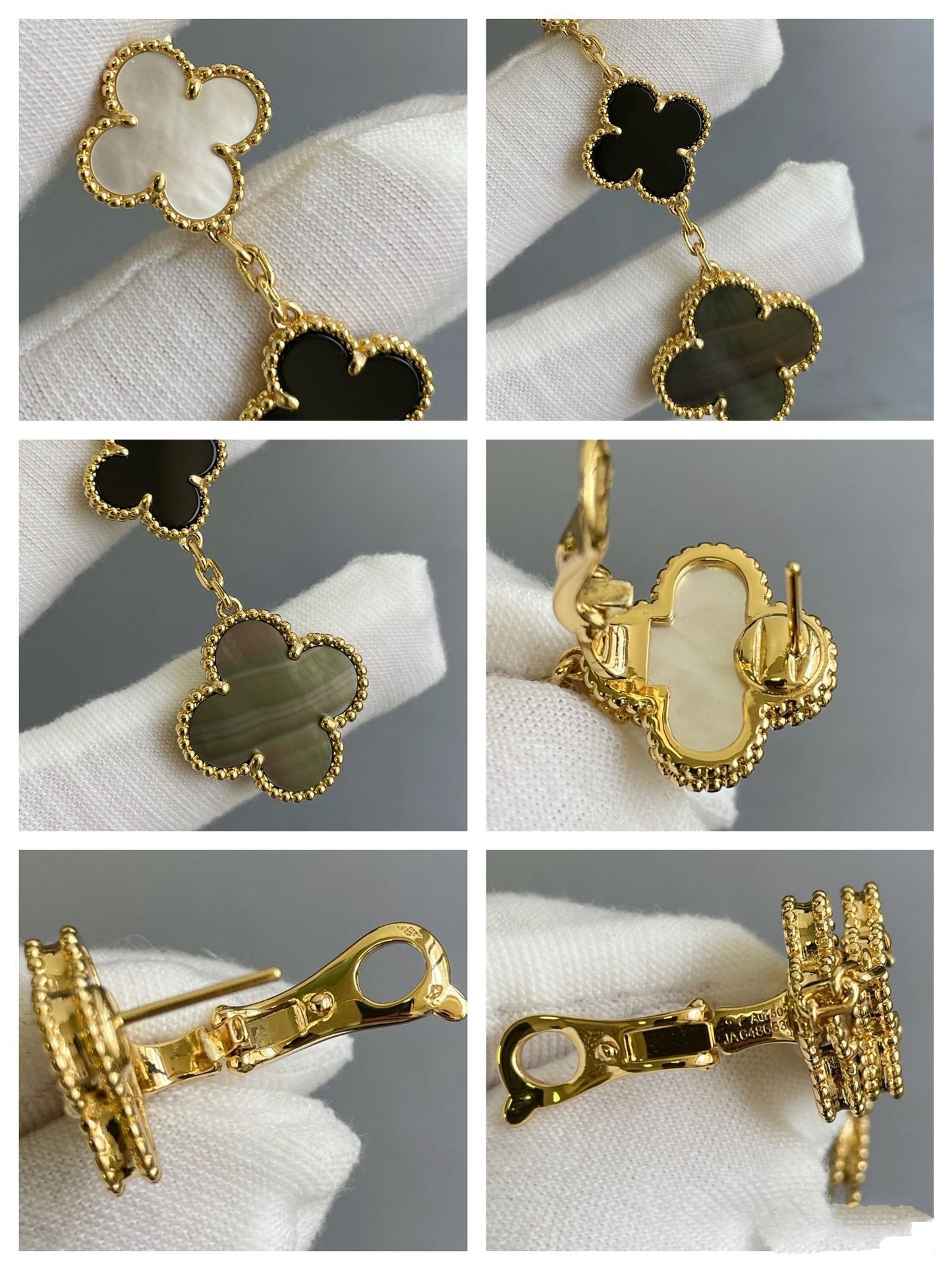 [LUXE]CLOVER 3 MOTIF MOP ONYX DARK MOP PINK GOLD EARRINGS