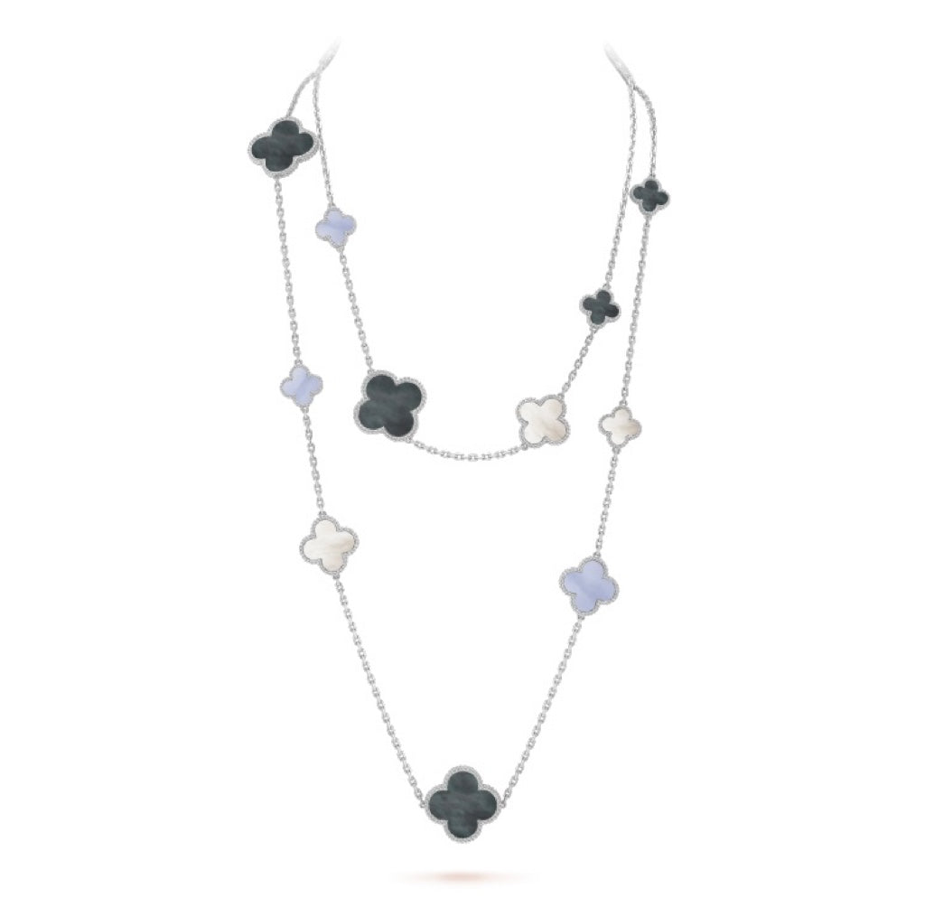 [LUXE]CLOVER 16 MOTIF CHALCEDONY MOP SILVER NECKLACE