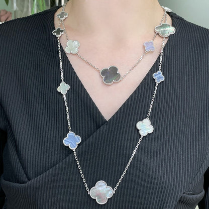 [LUXE]CLOVER 16 MOTIF CHALCEDONY MOP SILVER NECKLACE