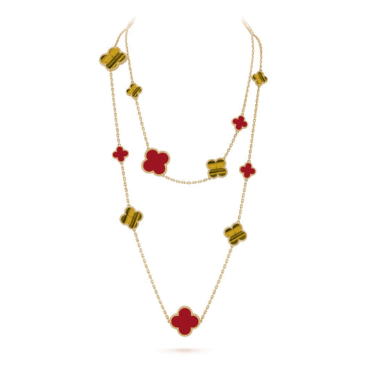 [LUXE]CLOVER 16 MOTIF CARNELIAN TIGER EYE ROSE GOLD NECKLACE