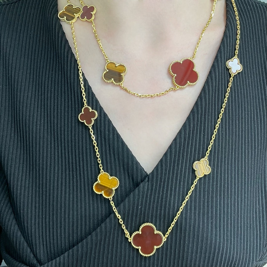 [LUXE]CLOVER 16 MOTIF CARNELIAN TIGER EYE ROSE GOLD NECKLACE