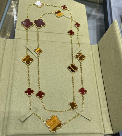 [LUXE]CLOVER 16 MOTIF CARNELIAN TIGER EYE ROSE GOLD NECKLACE