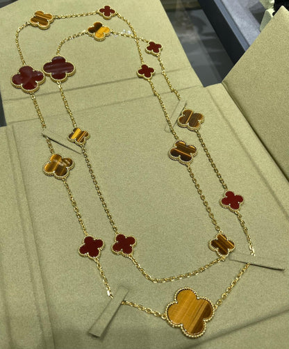 [LUXE]CLOVER 16 MOTIF CARNELIAN TIGER EYE ROSE GOLD NECKLACE