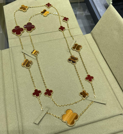 [LUXE]CLOVER 16 MOTIF CARNELIAN TIGER EYE ROSE GOLD NECKLACE