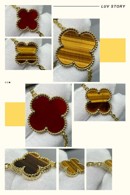 [LUXE]CLOVER 16 MOTIF CARNELIAN TIGER EYE ROSE GOLD NECKLACE