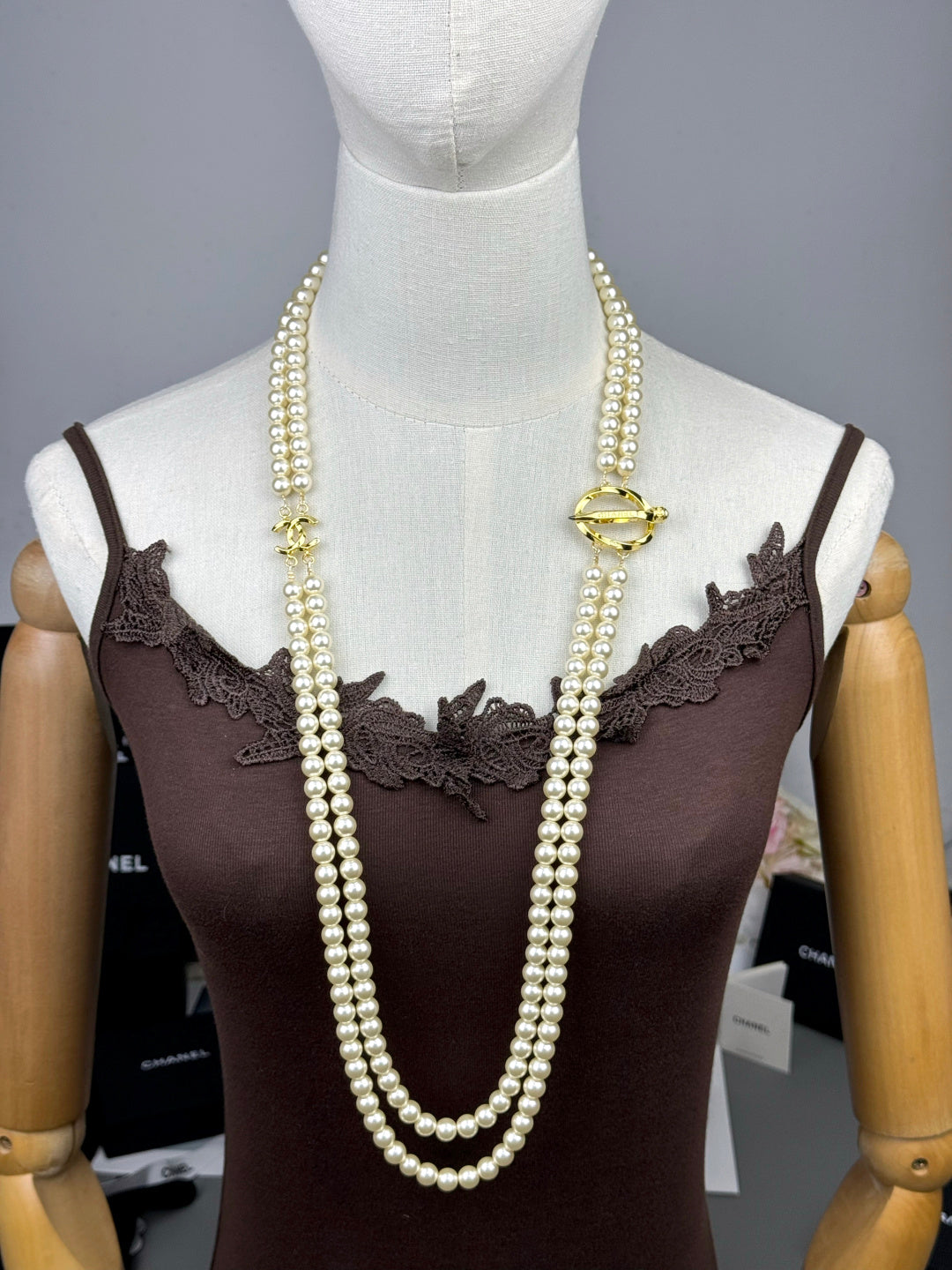 [LUXE]25K Pencil Double C Double-Layer Pearl Sweater Chain