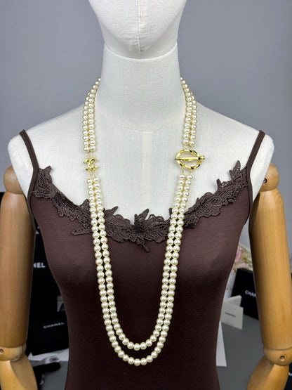 [LUXE]25K Pencil Double C Double-Layer Pearl Sweater Chain