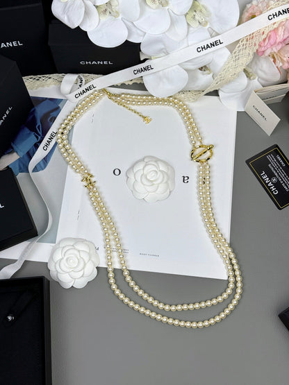 [LUXE]25K Pencil Double C Double-Layer Pearl Sweater Chain
