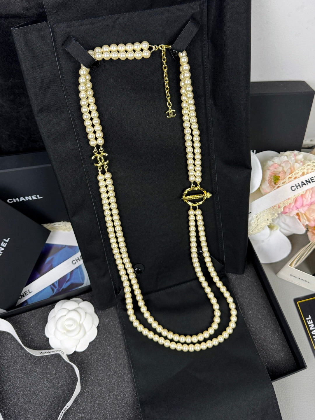 [LUXE]25K Pencil Double C Double-Layer Pearl Sweater Chain