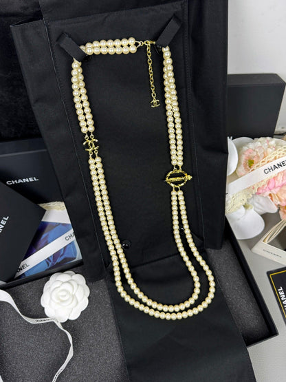 [LUXE]25K Pencil Double C Double-Layer Pearl Sweater Chain