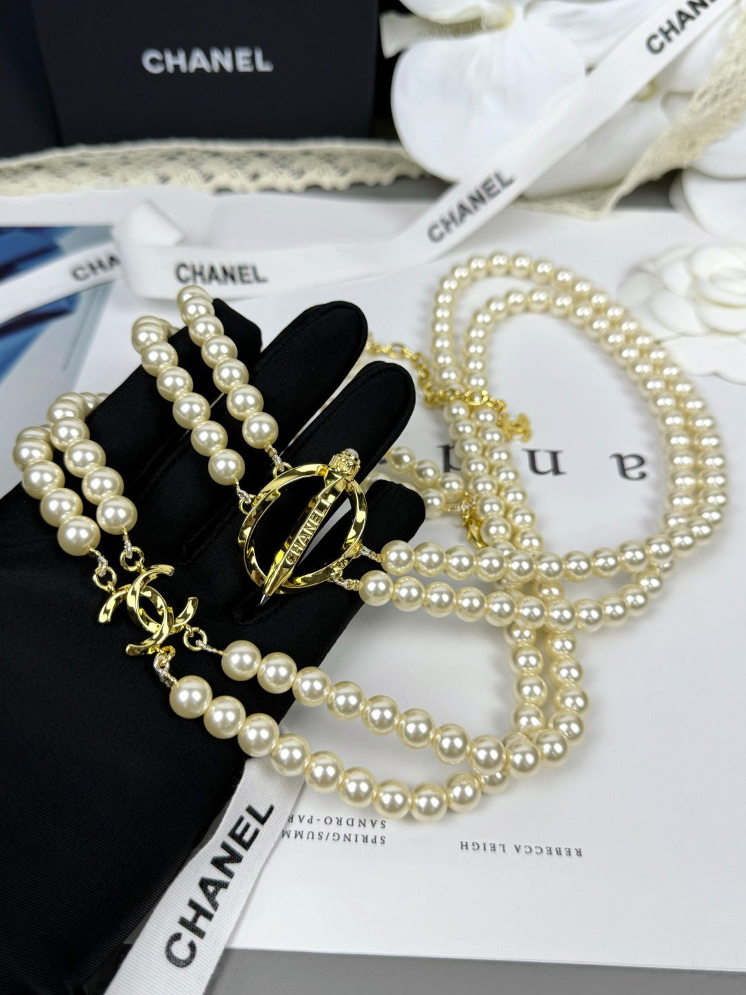 [LUXE]25K Pencil Double C Double-Layer Pearl Sweater Chain