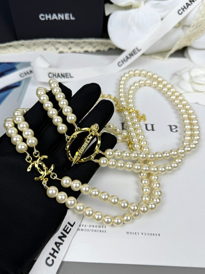 [LUXE]25K Pencil Double C Double-Layer Pearl Sweater Chain