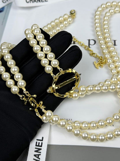 [LUXE]25K Pencil Double C Double-Layer Pearl Sweater Chain